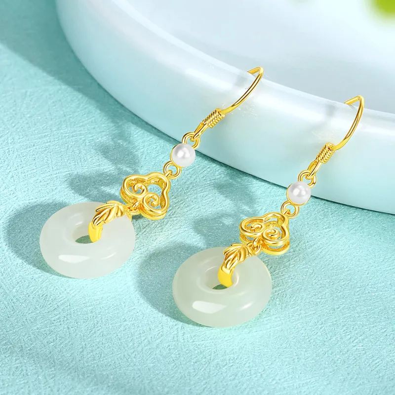 LAOMIAO Hetian Jade Earrings Pale Greenish White Jade Women's-5