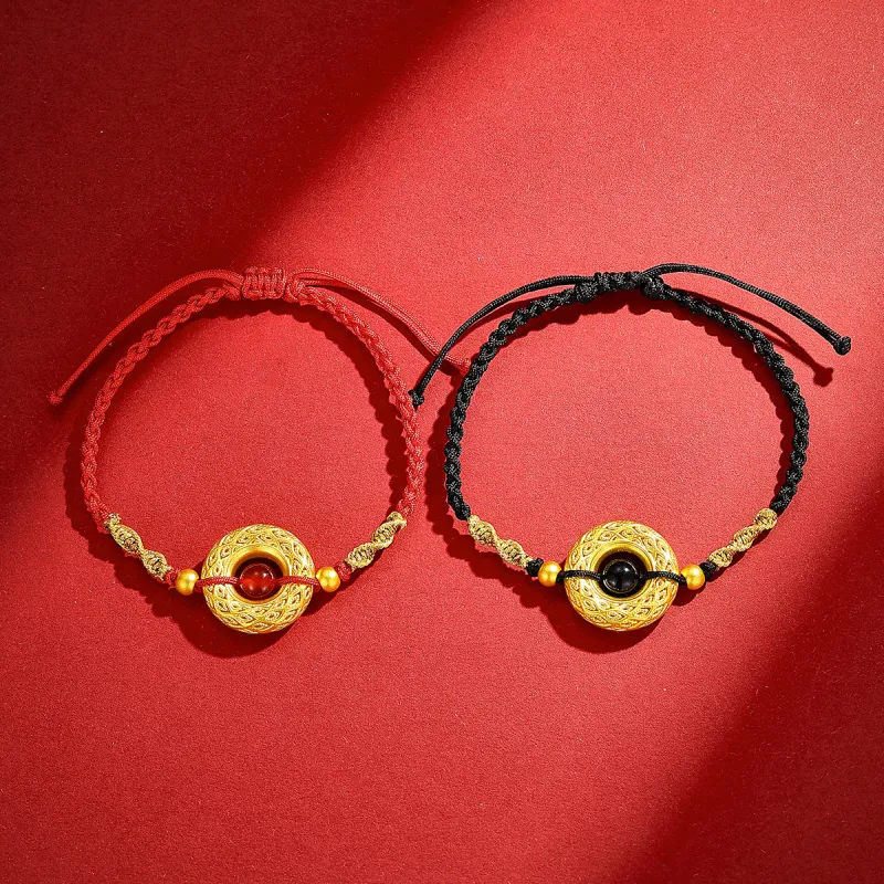 LAOMIAO Cut Out Filigree Ruyi Buckle Peace Pendant Red Braided Cord Solid Gold Priced In Gram Bracelets Women's-3