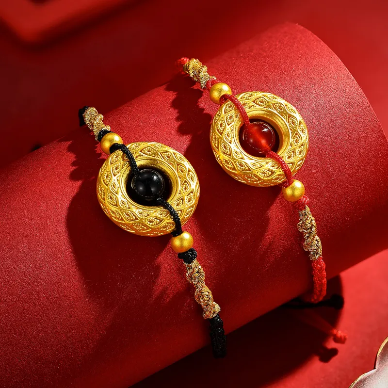 LAOMIAO Cut Out Filigree Ruyi Buckle Peace Pendant Red Braided Cord Solid Gold Priced In Gram Bracelets Women's-2