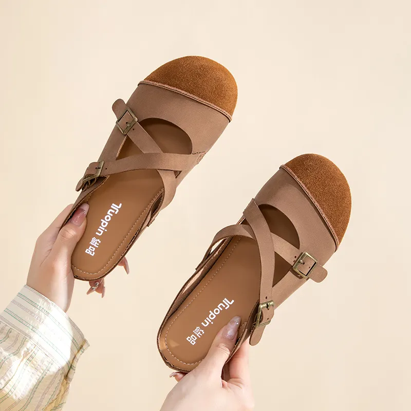 TUOPIN Vibram Sole Leather Patchwork Slip Resistant Abrasion Resistant Closed Toe Slippers Women's-7