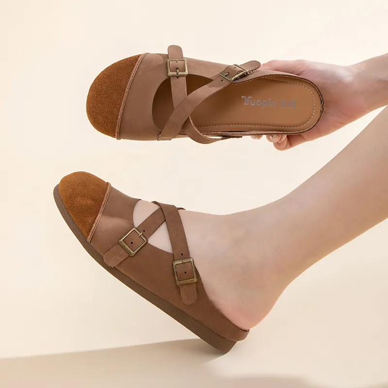 TUOPIN Vibram Sole Leather Patchwork Slip Resistant Abrasion Resistant Closed Toe Slippers Women's-6