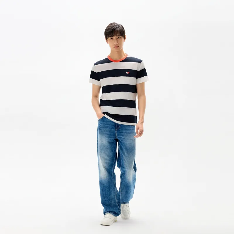 Tommy Hilfiger T Shirt Men's White Navy Blue Stripes-4