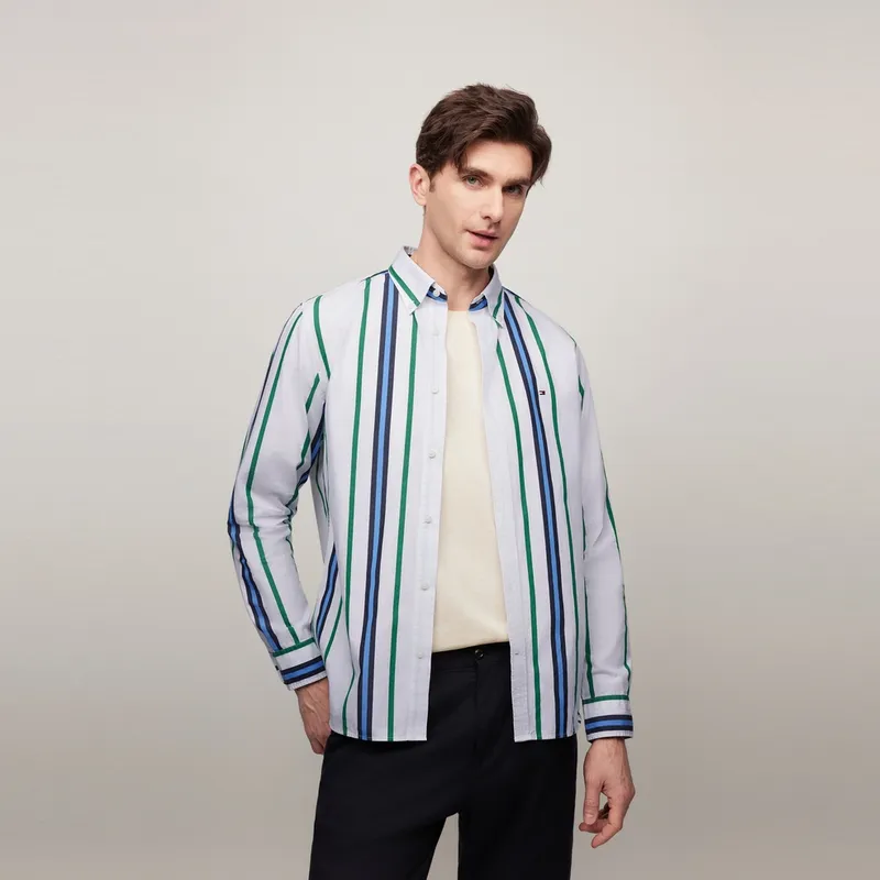 Tommy Hilfiger Shirt Men's Blue Green White Stripes Pattern-2