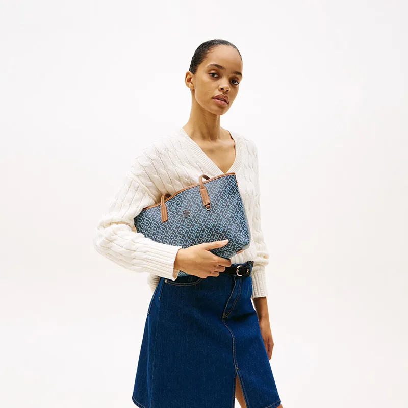 Tommy Hilfiger Artificial Leather Tote Bag, Shopping Bag, Shoulder Bag Tubas Women's Light Gray Blue Print/Khaki Print-6