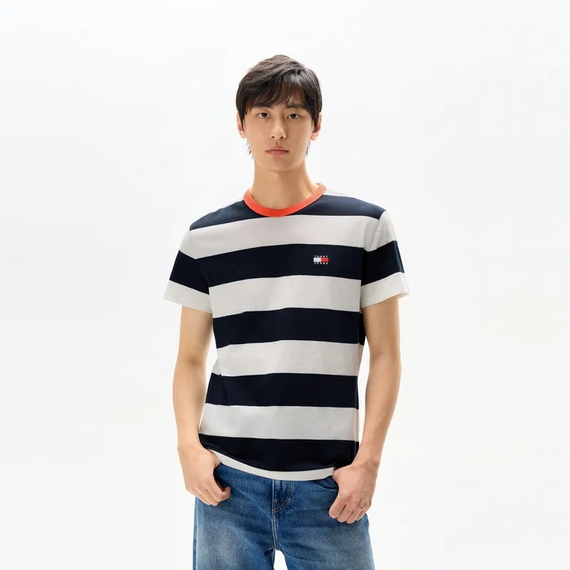 Tommy Hilfiger T Shirt Men's White Navy Blue Stripes-2