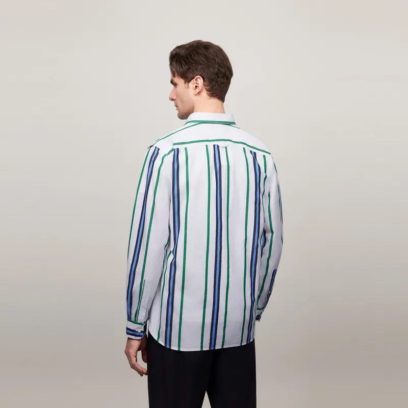 Tommy Hilfiger Shirt Men's Blue Green White Stripes Pattern-3