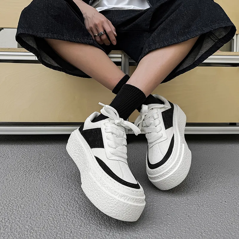 WEISHIBANGWEI Height Increasing Low Top Skateboard Shoes Men's Black White-5