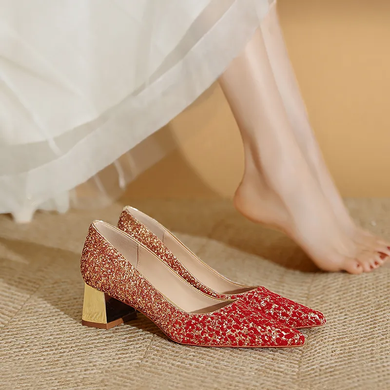 WEISHIBANGWEI Chunky Heel High Heels Women's Red-1