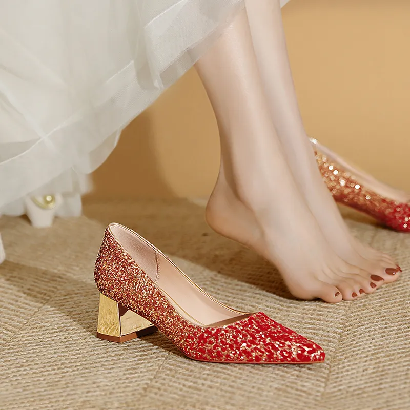 WEISHIBANGWEI Chunky Heel High Heels Women's Red-2
