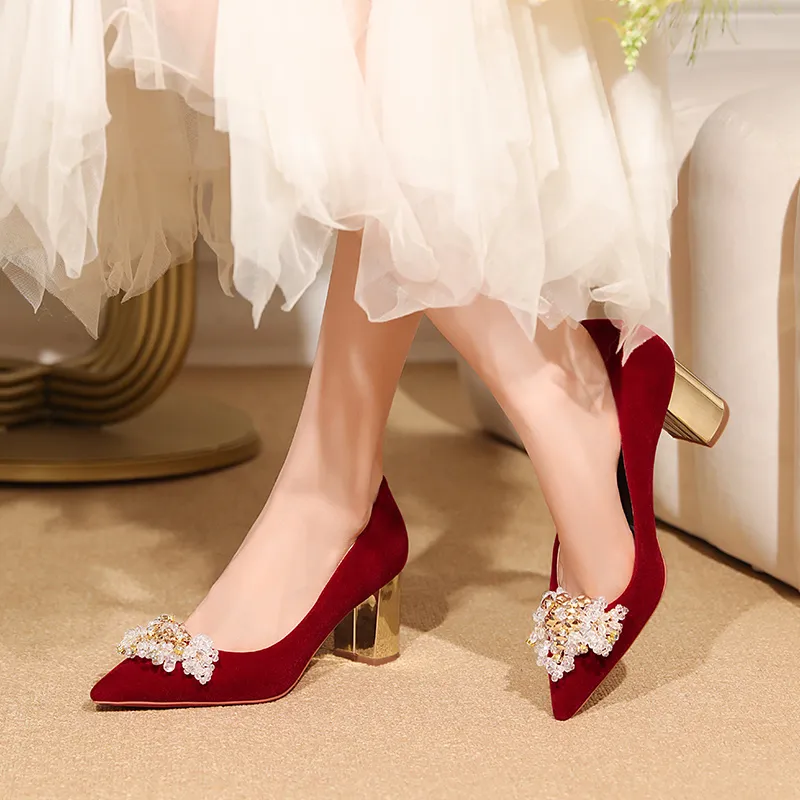 WEISHIBANGWEI Chunky Heel High Heels Women's Burgundy-7