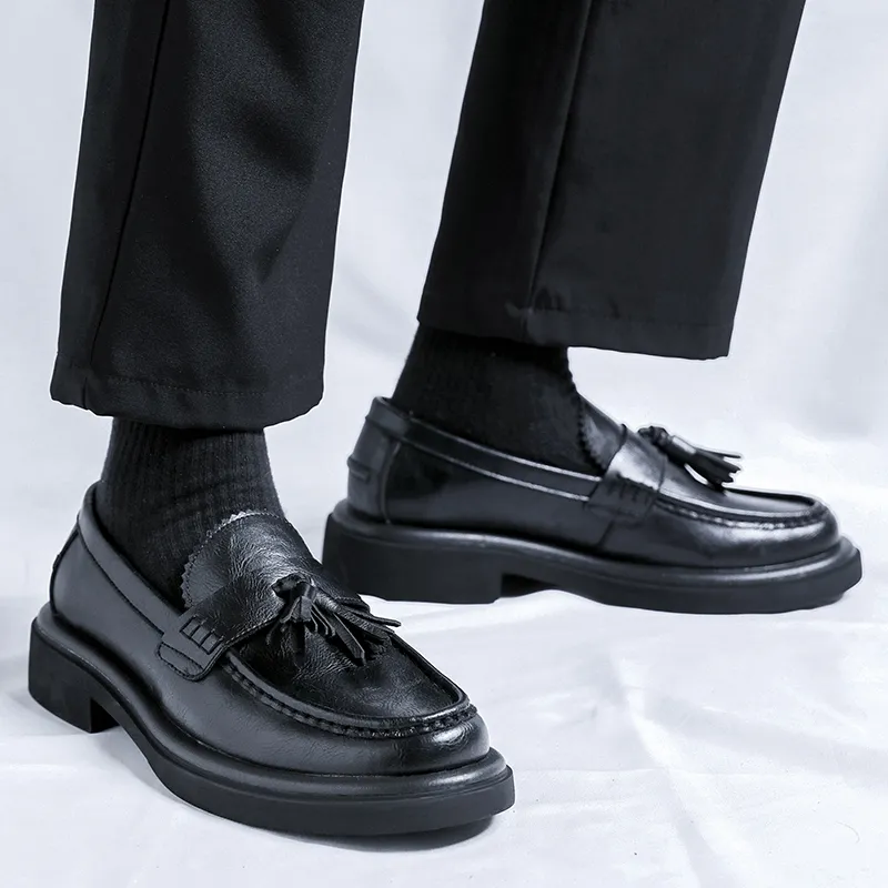 WEISHIBANGWEI Loafers Medium Heel Men's Black-6