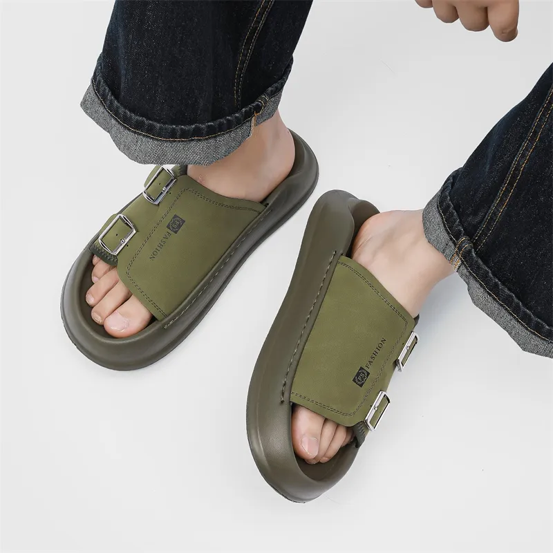 WEISHIBANGWEI Slip Resistant Odor Resistant Slide Slippers Men's Olive Green-3