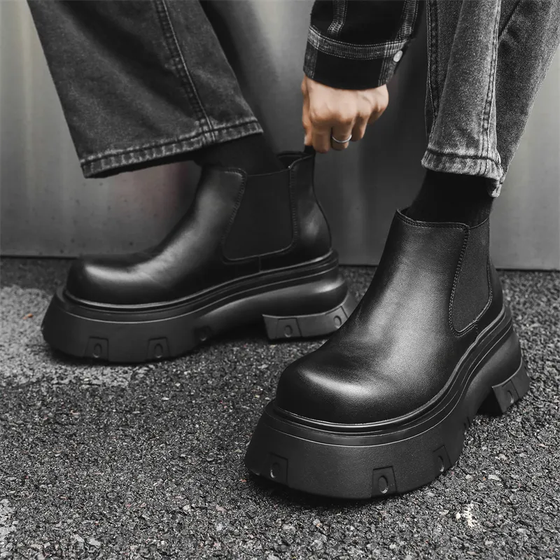 WEISHIBANGWEI Short Chelsea Boots Medium Heel Men's Black-1