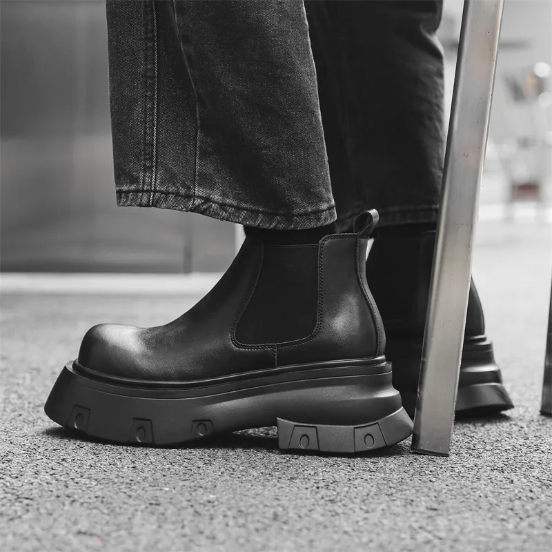 WEISHIBANGWEI Short Chelsea Boots Medium Heel Men's Black-3