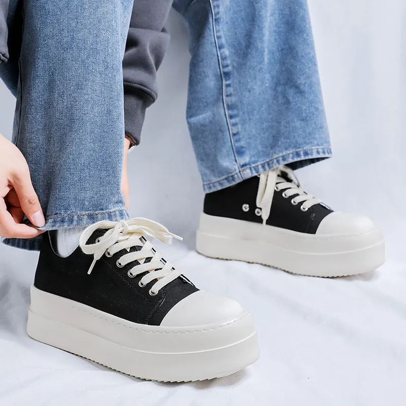 WEISHIBANGWEI Height Increasing Wear Resistant Slip Resistant Low Top Canvas Shoes Unisex Black-4