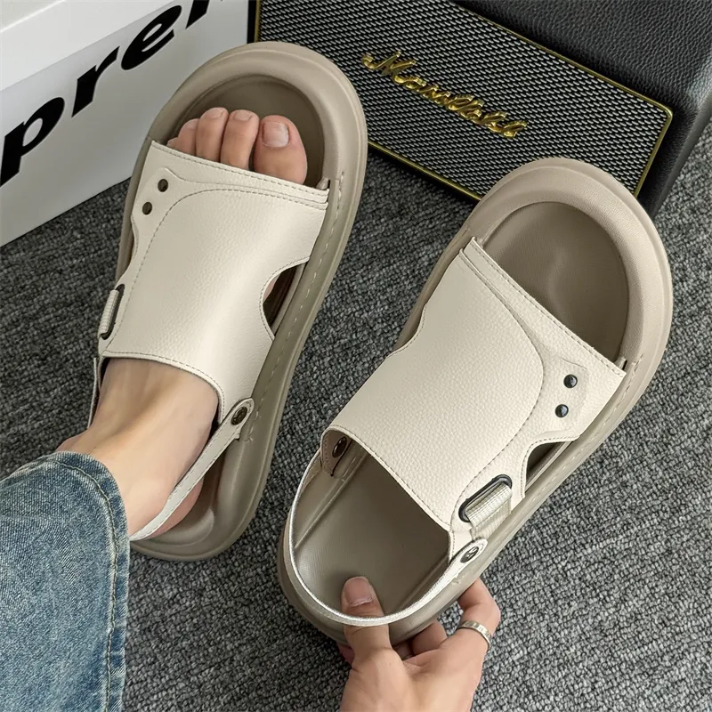 WEISHIBANGWEI Beach Sandals Men's Litchi Grain White-2