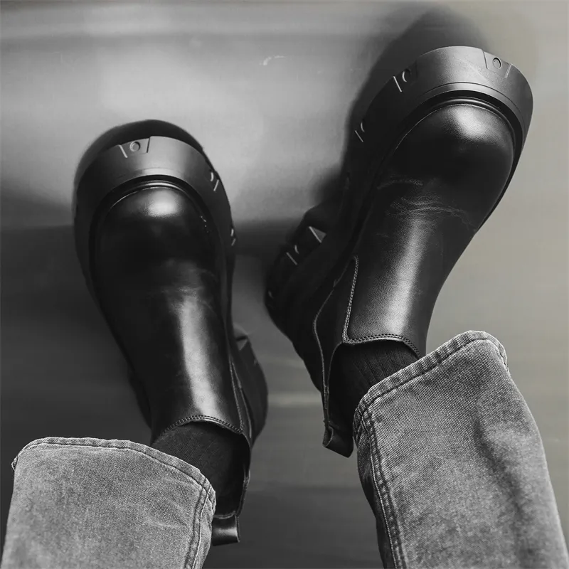 WEISHIBANGWEI Short Chelsea Boots Medium Heel Men's Black-5