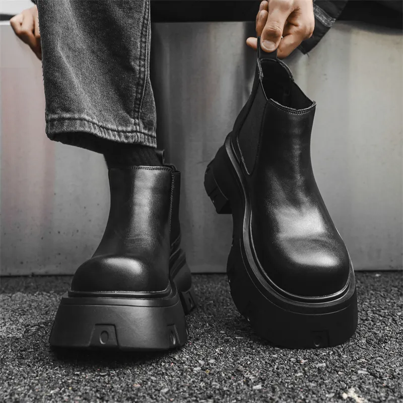 WEISHIBANGWEI Short Chelsea Boots Medium Heel Men's Black-2