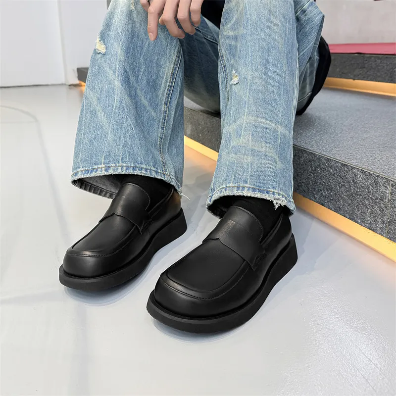 WEISHIBANGWEI Loafers Medium Heel Men's Black-1