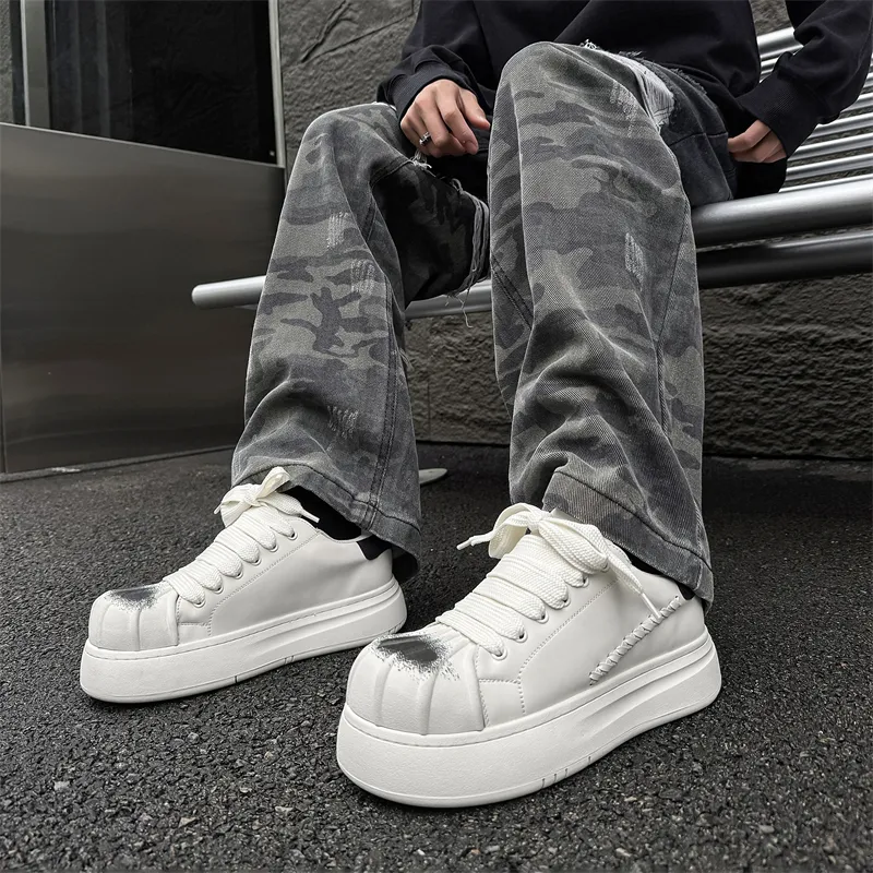 WEISHIBANGWEI Height Increasing Low Top Skateboard Shoes Men's White-3