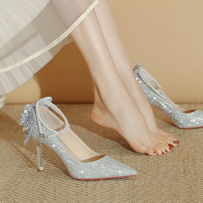 WEISHIBANGWEI Slim Heel High Heels Women's Silver-6
