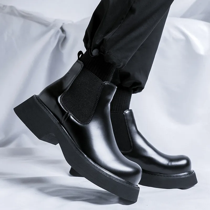 WEISHIBANGWEI Short Chelsea Boots Medium Heel Men's Black-6