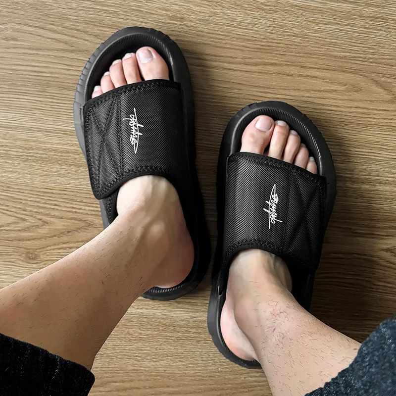 WEISHIBANGWEI Slip Resistant Odor Resistant Slide Slippers Men's Fabric Surface Black-2
