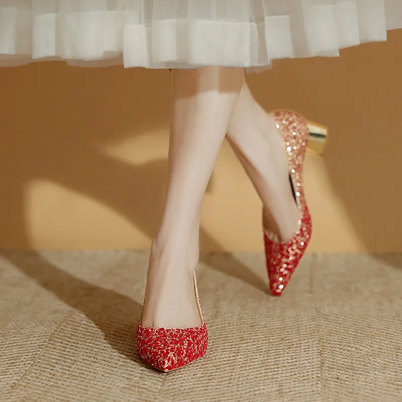 WEISHIBANGWEI Chunky Heel High Heels Women's Red-4