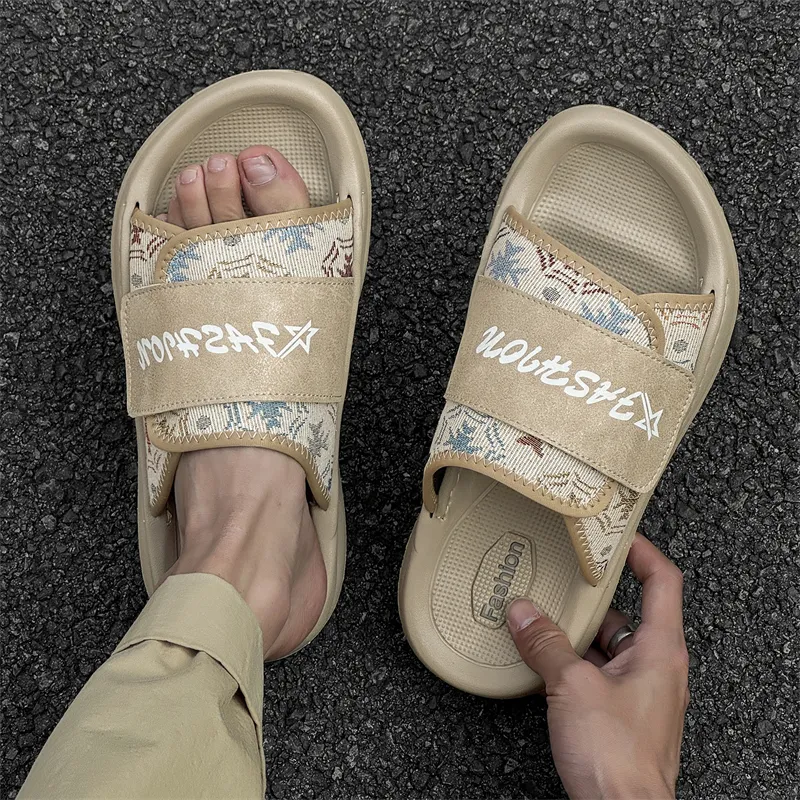 WEISHIBANGWEI Slip Resistant Odor Resistant Slide Slippers Men's Khaki With White-2