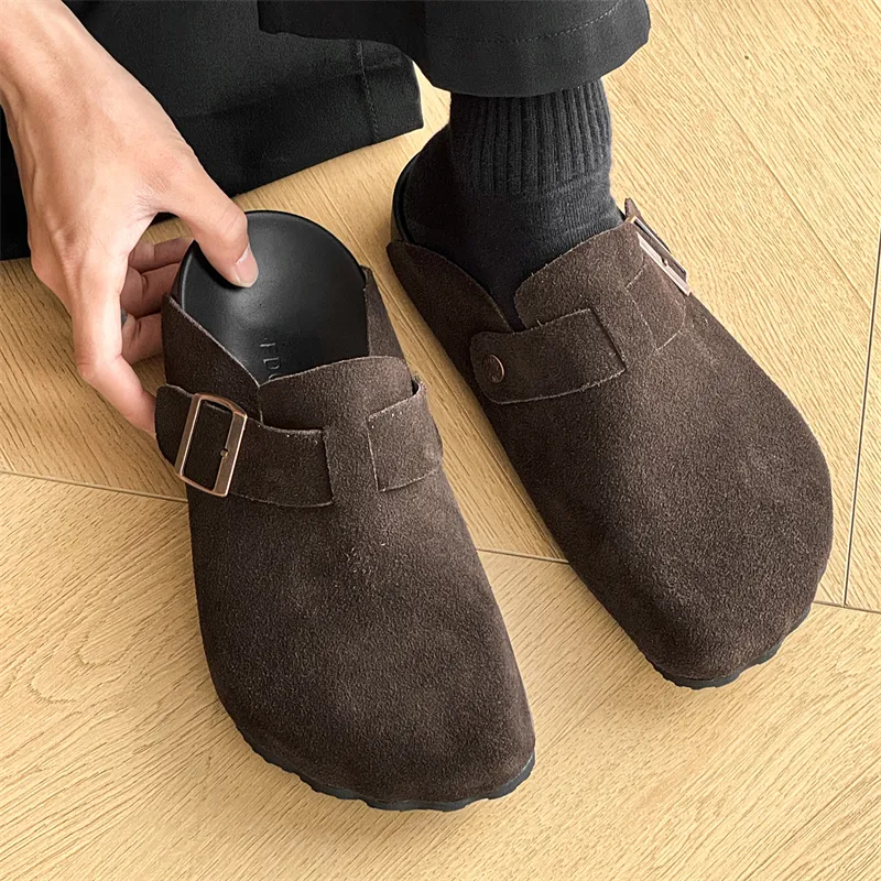 WEISHIBANGWEI Rubber Sole Slip Resistant Closed Toe Slippers Men's Dark Coffee-3