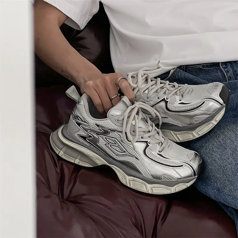 WEISHIBANGWEI Breathable Height Increase Low Top Chunky Sneakers Men's Silver-2