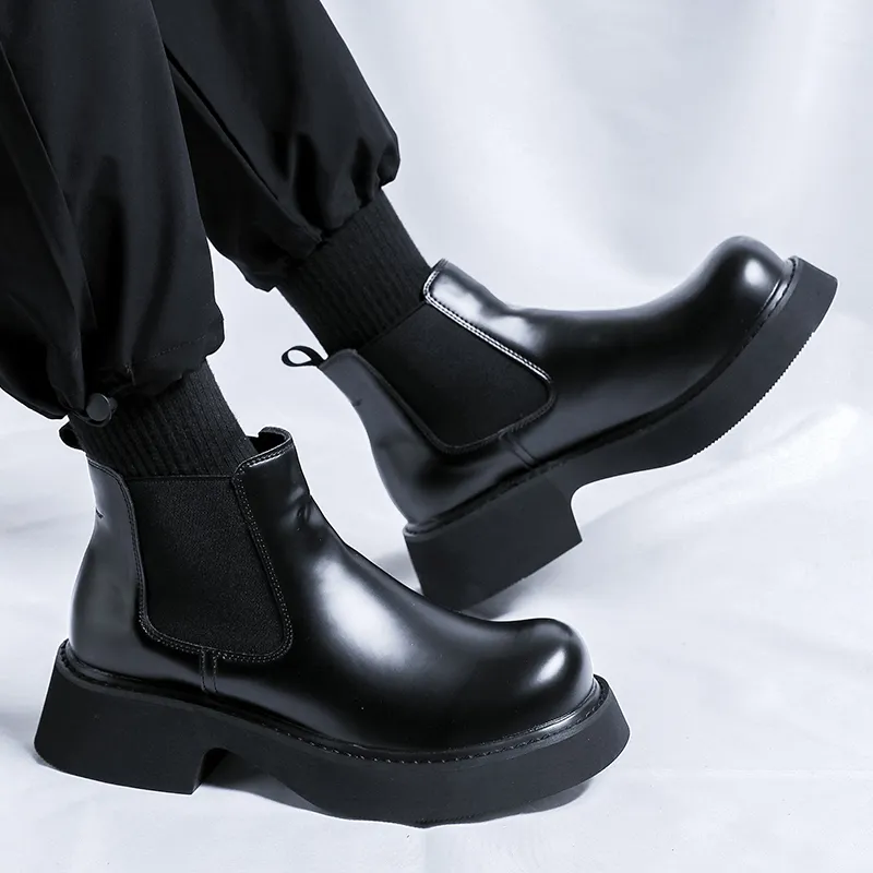 WEISHIBANGWEI Short Chelsea Boots Medium Heel Men's Black-7