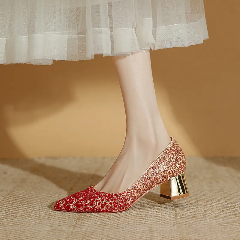 WEISHIBANGWEI Chunky Heel High Heels Women's Red-5