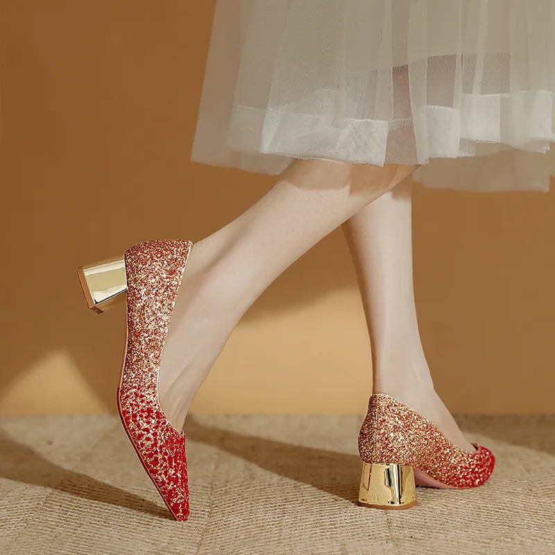 WEISHIBANGWEI Chunky Heel High Heels Women's Red-6