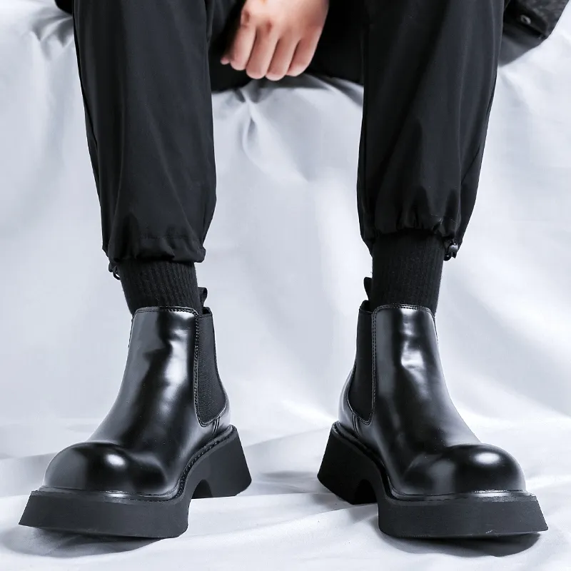 WEISHIBANGWEI Short Chelsea Boots Medium Heel Men's Black-3