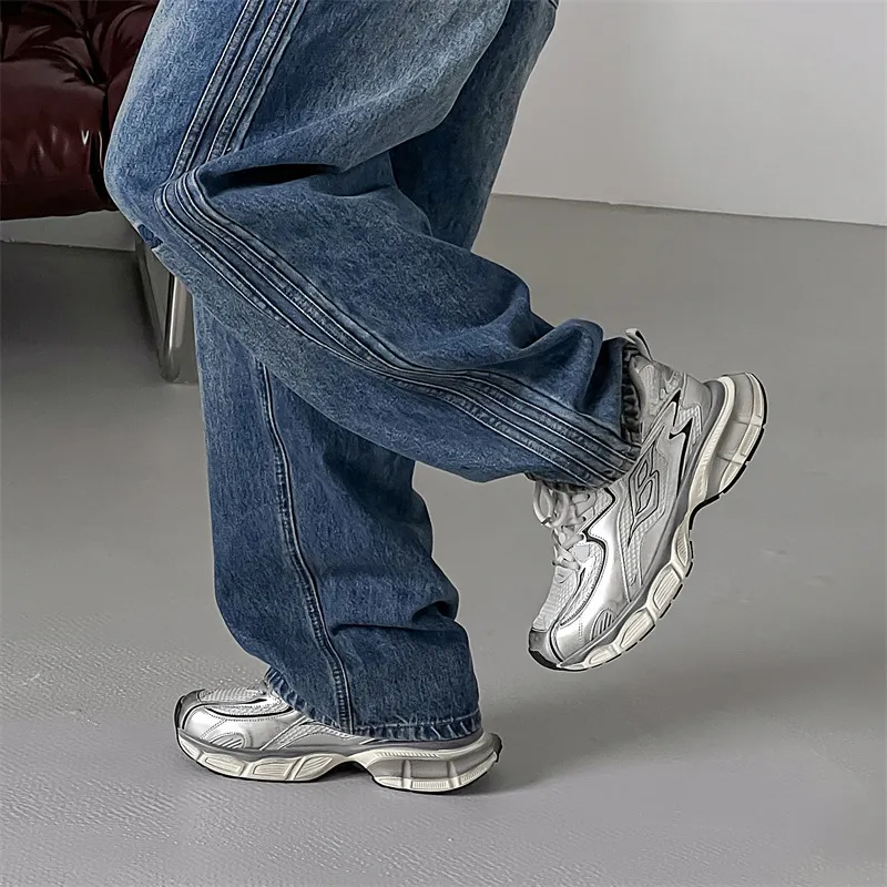 WEISHIBANGWEI Breathable Height Increase Low Top Chunky Sneakers Men's Silver-4