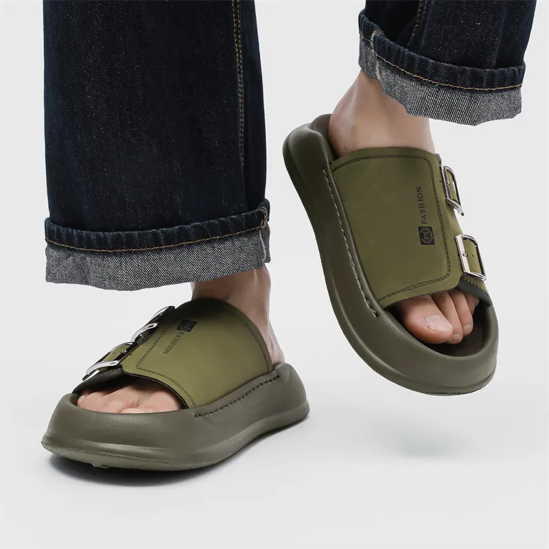 WEISHIBANGWEI Slip Resistant Odor Resistant Slide Slippers Men's Olive Green-5