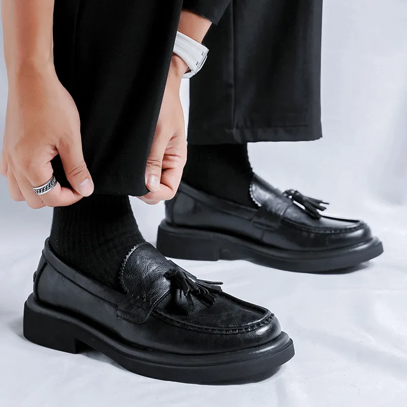 WEISHIBANGWEI Loafers Medium Heel Men's Black-4