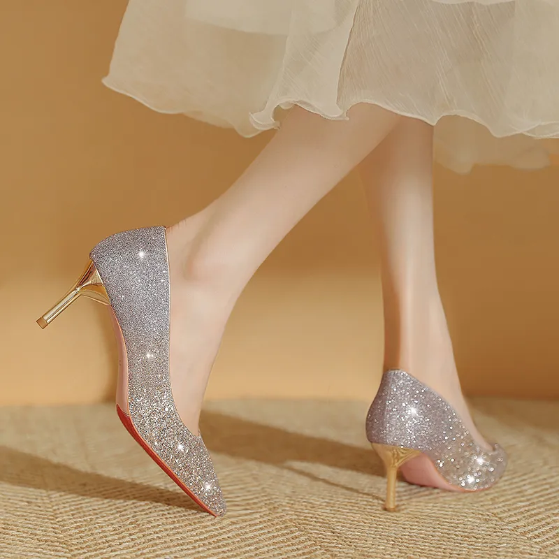 WEISHIBANGWEI Slim Heel High Heels Women's Gold-4