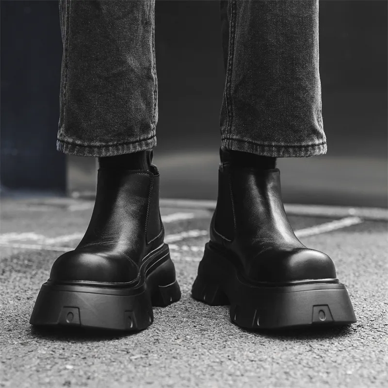 WEISHIBANGWEI Short Chelsea Boots Medium Heel Men's Black-4