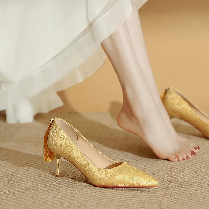 WEISHIBANGWEI Slim Heel High Heels Women's Gold-6