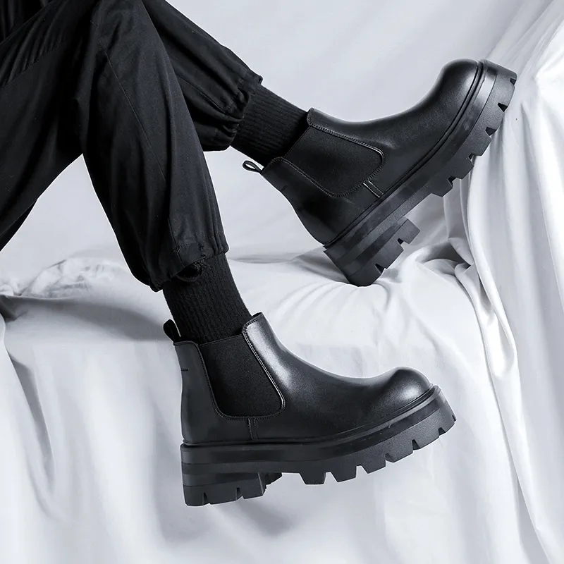 WEISHIBANGWEI Short Chelsea Boots Medium Heel Men's Black-8