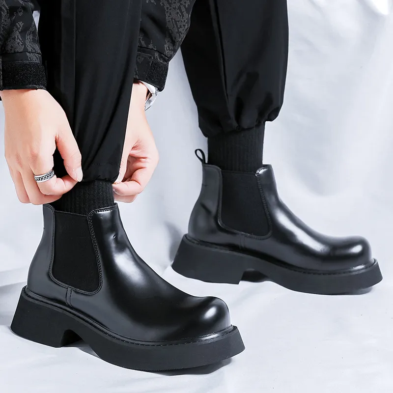WEISHIBANGWEI Short Chelsea Boots Medium Heel Men's Black-2
