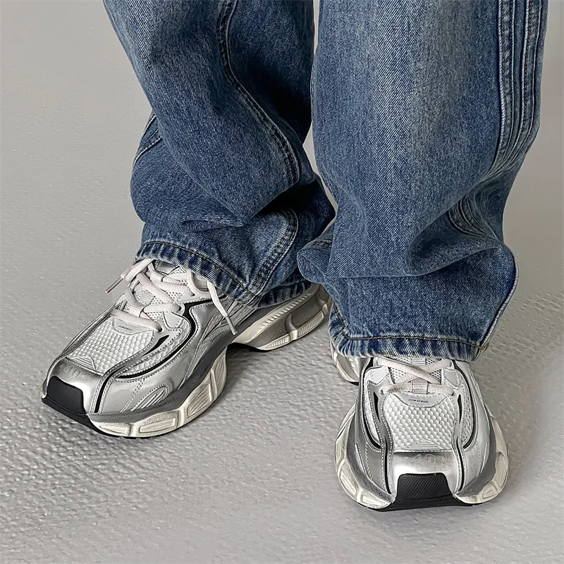 WEISHIBANGWEI Breathable Height Increase Low Top Chunky Sneakers Men's Silver-3