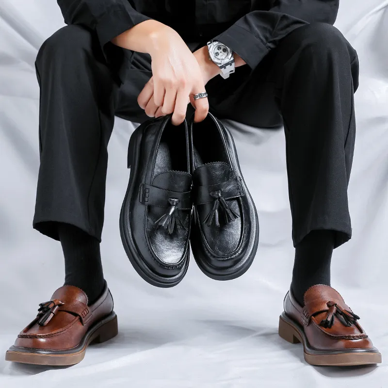 WEISHIBANGWEI Loafers Medium Heel Men's Black-12