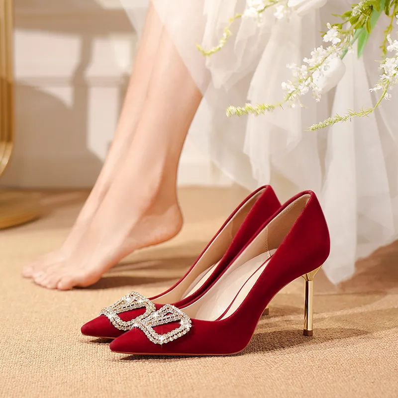 WEISHIBANGWEI Slim Heel High Heels Women's Burgundy-3
