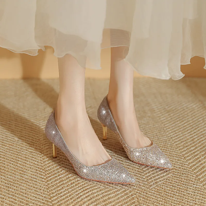 WEISHIBANGWEI Slim Heel High Heels Women's Gold-2