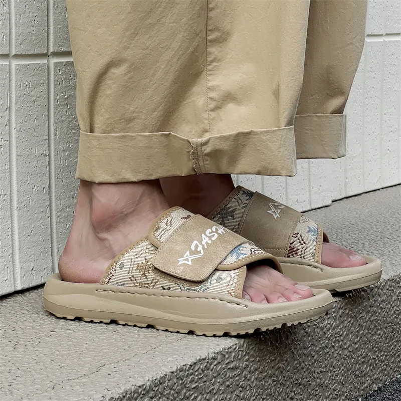 WEISHIBANGWEI Slip Resistant Odor Resistant Slide Slippers Men's Khaki With White-6
