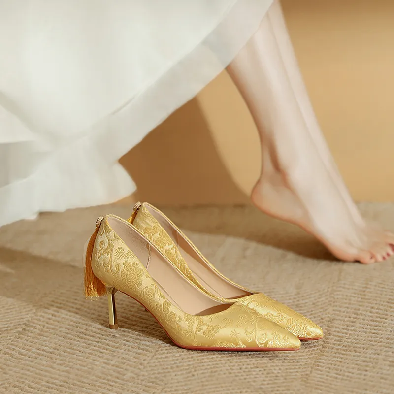 WEISHIBANGWEI Slim Heel High Heels Women's Gold-5