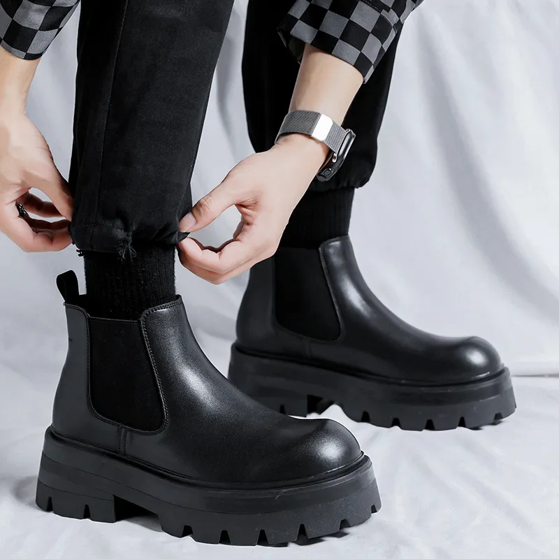 WEISHIBANGWEI Short Chelsea Boots Medium Heel Men's Black-7